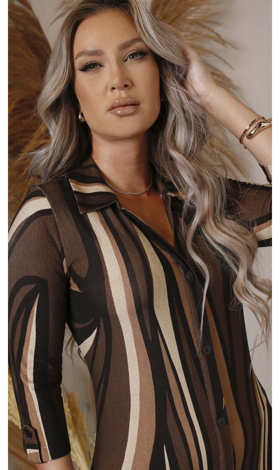 Vestido Gola Polo Ramany Estampa Abstrata