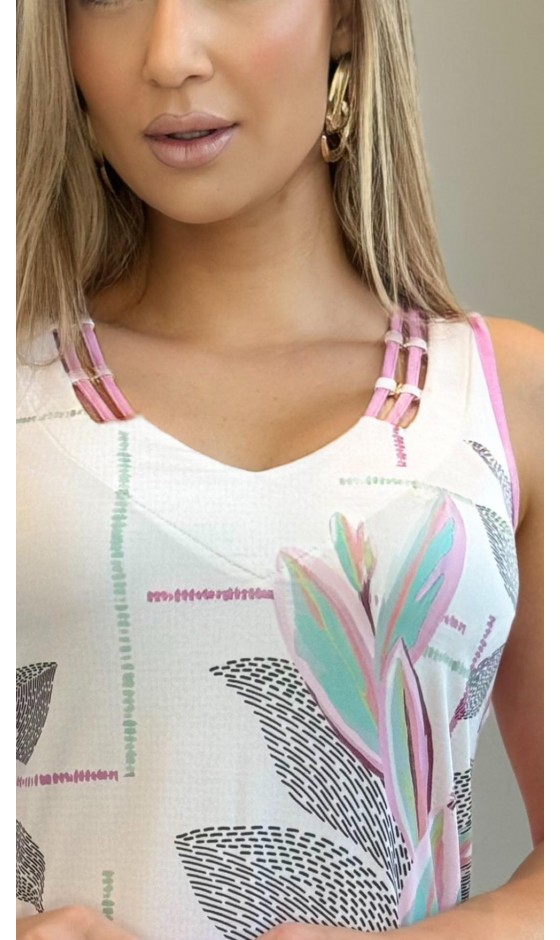 Blusa Ramany Regata Estampa Folhagem Aquarelada