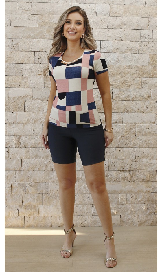 Blusa Manga Curta Ramany Estampa Geomêtrica