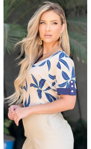 Blusa Manga Curta Ramany com Estampa de Folhagem