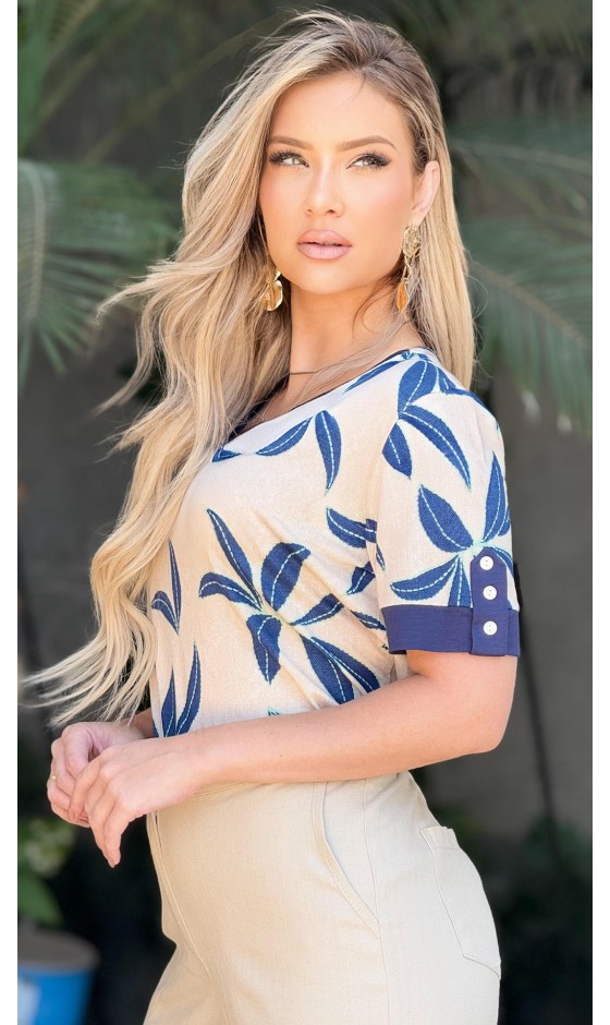 Blusa Manga Curta Ramany com Estampa de Folhagem