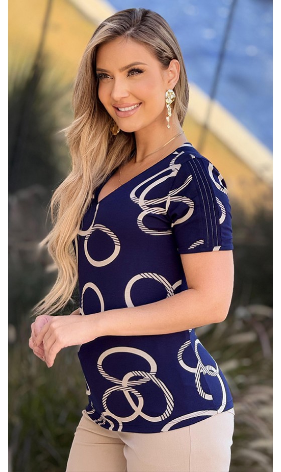Blusa Manga Curta Ramany Estampa Círculos