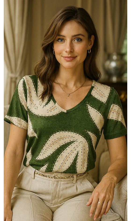 Blusa Manga Curta Ramany Estampa Folhagem