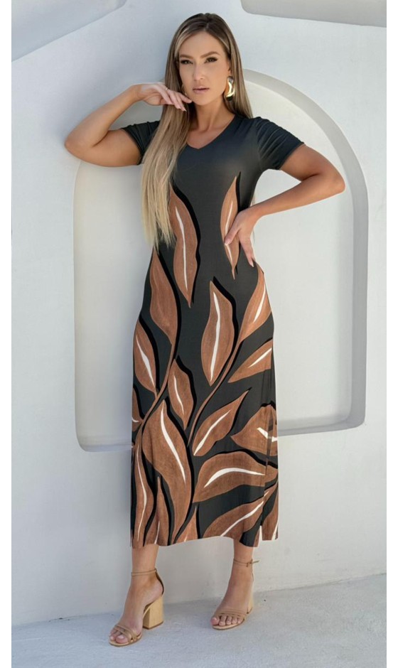 Vestido Longo Ramany Estampa Folhagem