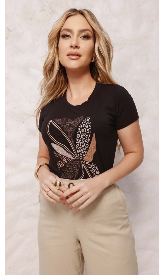 Blusa Manga Curta com Estampa e Silk