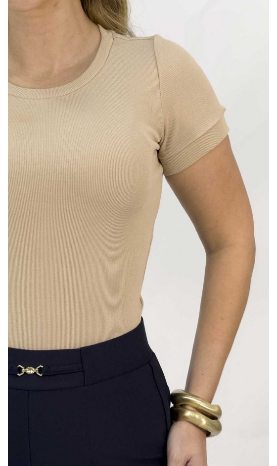 Blusa Manga Curta Ramany em Malha Ribana Canelada