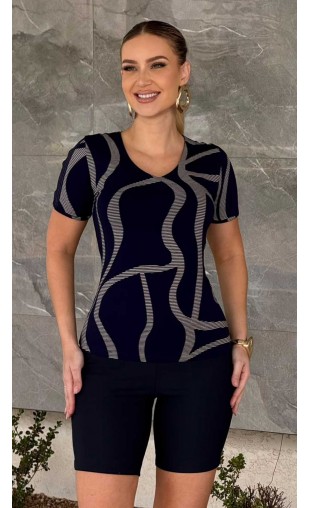Blusa Manga Curta Estampada com Decote V