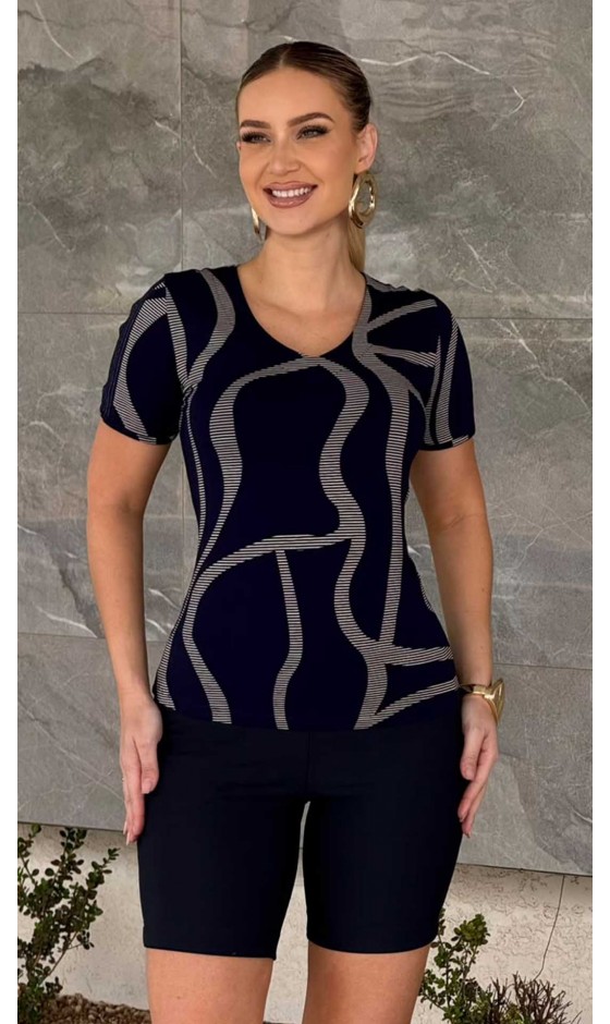 Blusa Manga Curta Estampada com Decote V