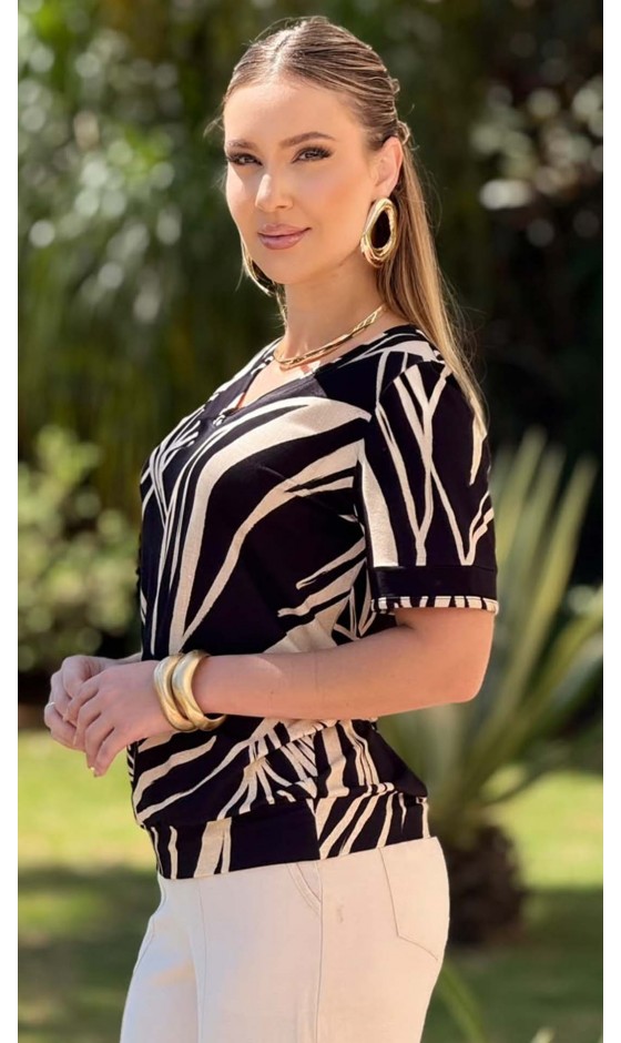 Blusa Manga Curta com Estampa Abstrata