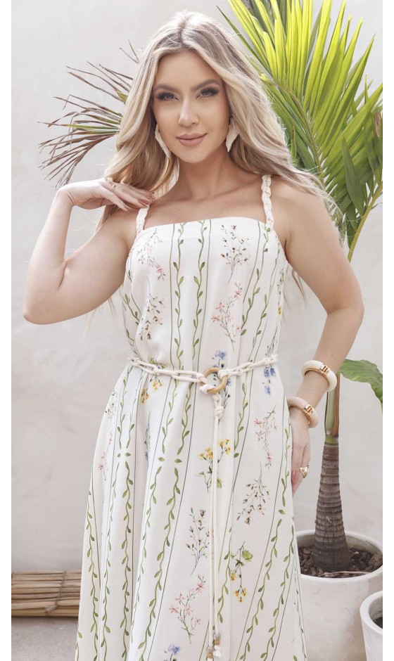 Vestido Longo em Alfaiataria com Alças Trançadas