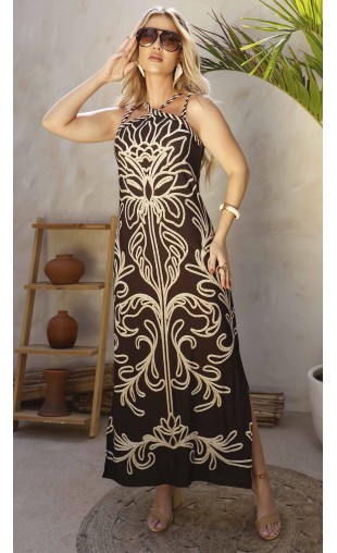 Vestido Longo Estampado com Alças Trançadas