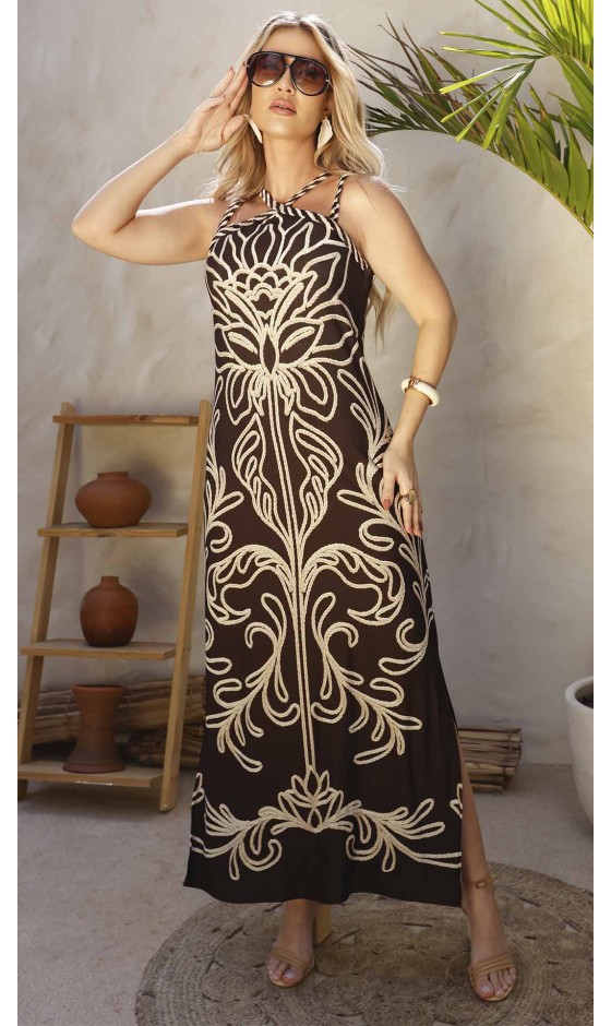 Vestido Longo Estampado com Alças Trançadas