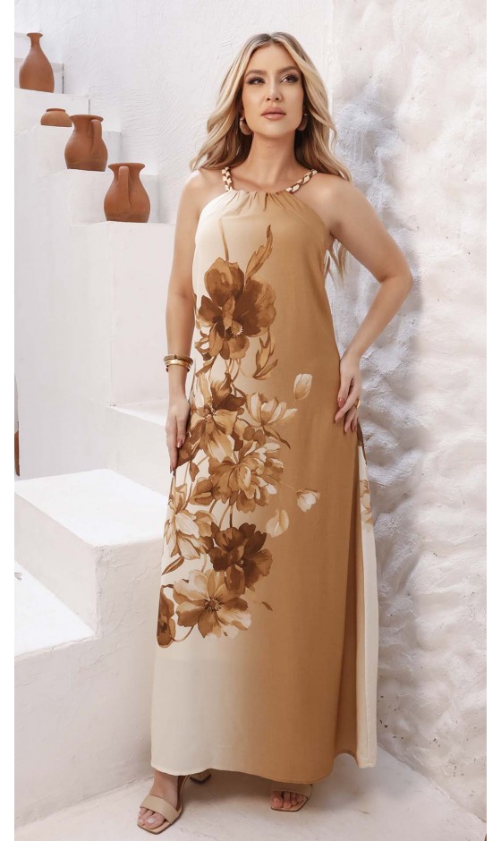 Vestido Longo em Alfaiataria com Estampa Floral e Alças Artesanais