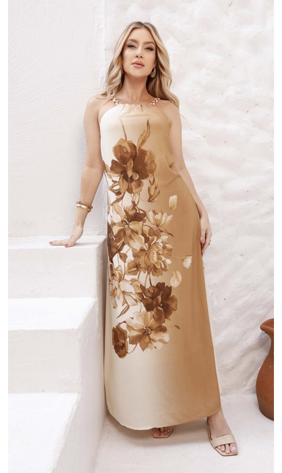 Vestido Longo em Alfaiataria com Estampa Floral e Alças Artesanais