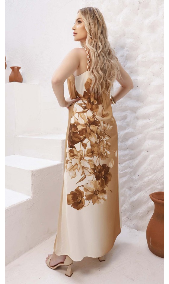 Vestido Longo em Alfaiataria com Estampa Floral e Alças Artesanais