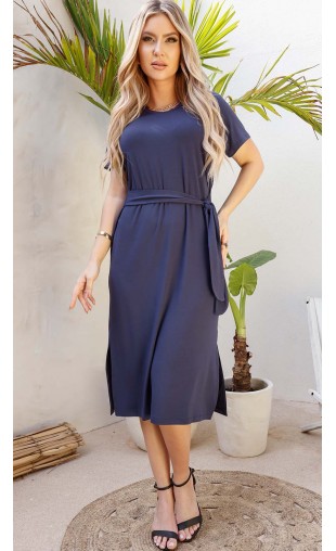 Vestido Midi Manga Curta com Faixa