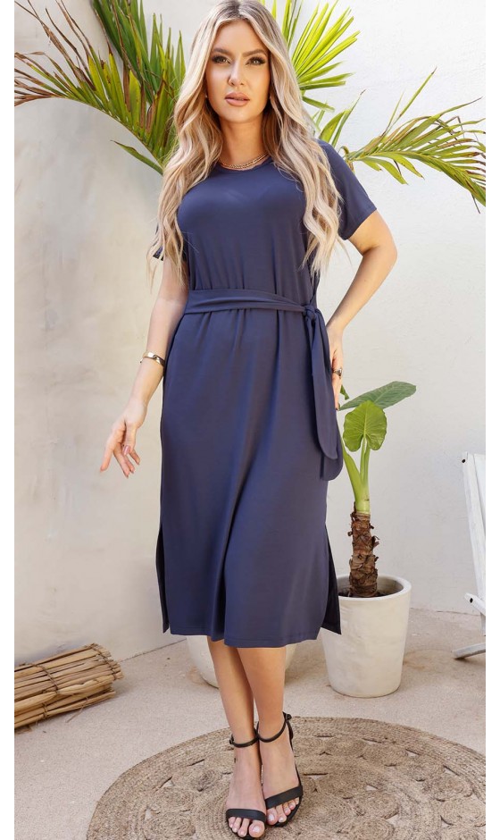 Vestido Midi Manga Curta com Faixa