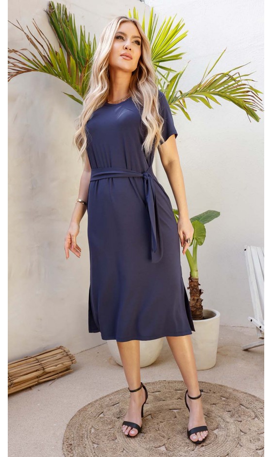 Vestido Midi Manga Curta com Faixa