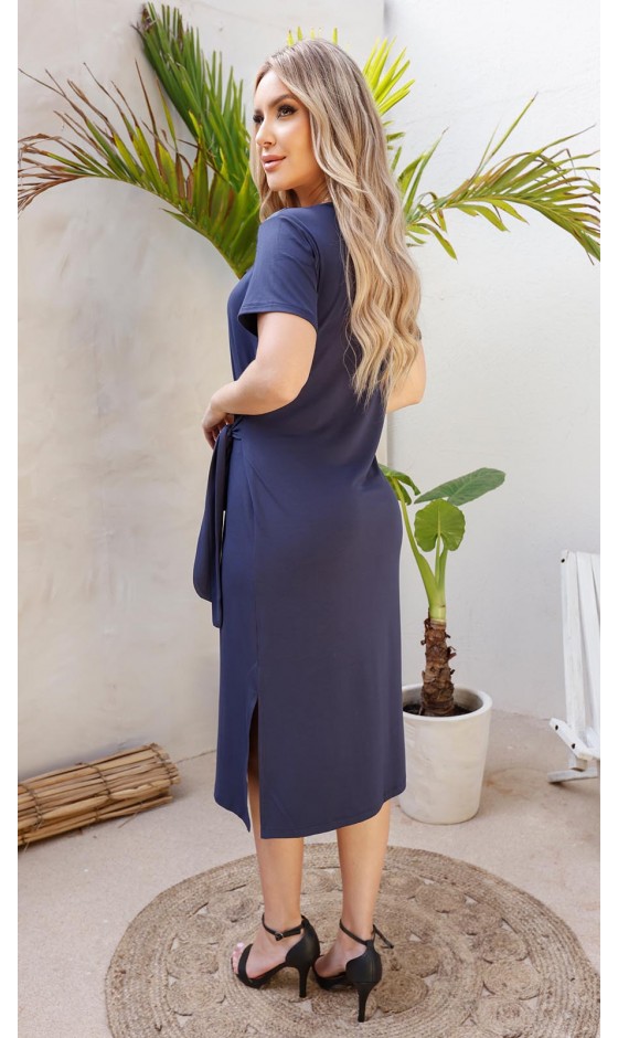 Vestido Midi Manga Curta com Faixa