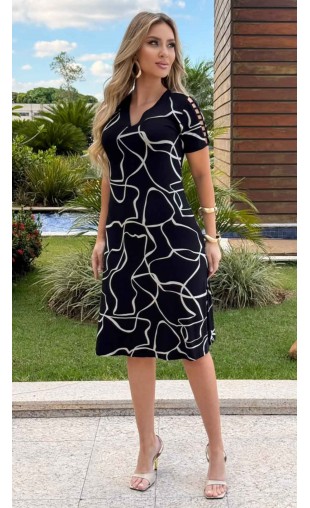 Vestido em Malha com Estampa Abstrata e Decote V