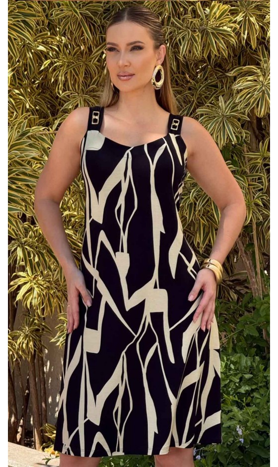 Vestido Regata em Malha com Estampa Abstrata e Detalhe nas Alças