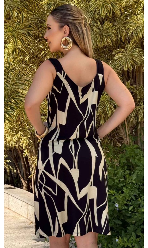 Vestido Regata em Malha com Estampa Abstrata e Detalhe nas Alças